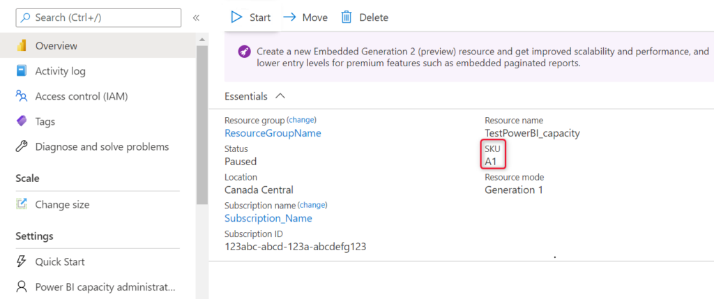 Azure Portal Capacity Details