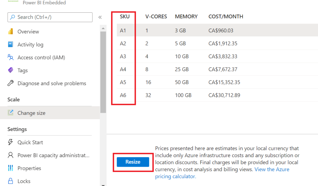 Azure Portal Scale Pricing Info